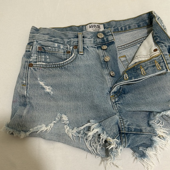 AGOLDE CUTOFF DENIM JEAN SHORT BLUE DISTRESSED MID RISE WOMEN SIZE 23 - Picture 5 of 11